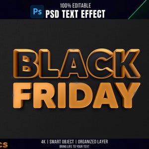 May include: A text effect graphic with the words "BLACK FRIDAY" in a 3D style. The word "BLACK" is in black with a carbon fibre texture and the word "FRIDAY" is in gold. The text is on a black background.