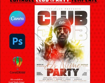 DJ Night Club Party Flyer Template: Editable Canva, Photoshop, CorelDraw