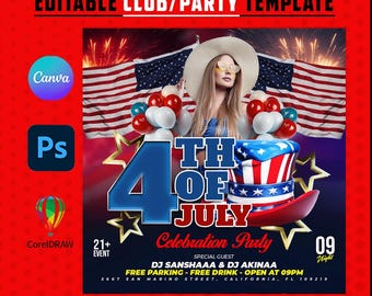May include: A red, white, and blue 4th of July party template with fireworks and an American flag background. The design includes the text "4th of July Celebration Party" and is editable in Canva.