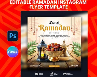 Editable Ramadan Instagram Flyer Template | Islamic Food Menu Post | Canva & Photoshop Ramadan Promotion Design