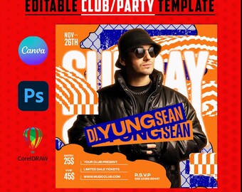 May include: A promotional flyer with a red background, featuring a man in sunglasses and a black jacket. The flyer includes the text "EDITABLE CLUB/PARTY TEMPLATE" and "SUNDAY" in large letters, along with event details.