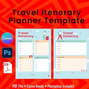 Könnte beinhalten: Eine Reiseplaner-Vorlage mit rotem Hintergrund. Die Vorlage enthält zwei Seiten mit hellblauen und pfirsichfarbenen Abschnitten. Der Text "Travel Itinerary" ist rot dargestellt. Die Vorlage ist Canva-fähig, Photoshop inklusive und eine PDF-Datei.