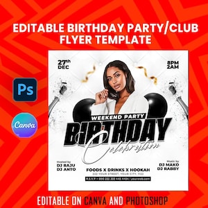 Peut inclure: Modèle de flyer de fête d'anniversaire avec une femme, des ballons noirs et des bouteilles de champagne. Le flyer annonce une "Fête d'anniversaire du week-end" et inclut des détails de l'événement. Modifiable sur Canva et Photoshop.