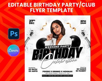 Editable Birthday Party Flyer Template – Club Event Poster – Canva & Photoshop PSD