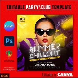Könnte beinhalten: Ein farbenfroher Flyer für eine Sommerparty im Club Nexa. Der Flyer zeigt eine Frau mit Sonnenbrille und einem lila Oberteil. Der Text auf dem Flyer lautet "Summer Chillout" und "DJ Maria James".