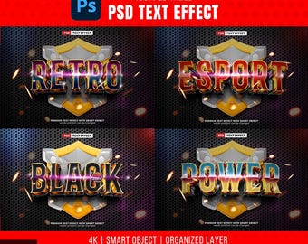 4-i-1 superfilmisk e-sport 3D-texteffekt | Mall för realistisk textur, smarta objekt | Direkt nedladdning