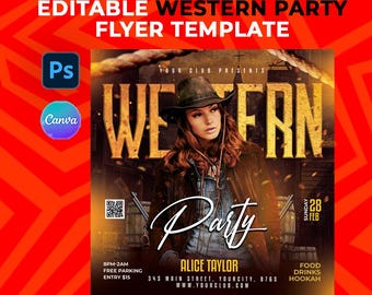Western Music Party Flyer Template | Western Event Poster | Editable Canva & Photoshop PSD