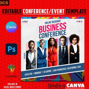 Könnte beinhalten: Eine rot-weiße Business-Konferenzvorlage mit dem Text "BUSINESS CONFERENCE" und Fotos von Rednern. Enthält Canva-, Photoshop- und CorelDRAW-Logos sowie den Text "Editable in CANVA".