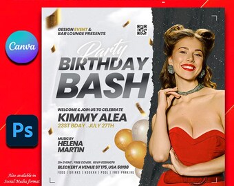 May include: A white and black birthday party invitation with a torn edge design. The invitation features a woman in a red dress, gold confetti, and balloons. The text reads "Party Birthday Bash" and "Welcome & Join Us To Celebrate Kimmy Alea 23st Bday. July 27th".