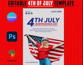 May include: A red and white graphic template for the 4th of July, featuring the text "4th July Independence Day." The design includes a woman holding an American flag, with options to edit in Canva and social media formats.