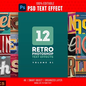 12 Retro Photoshop Text Effects: Editable PSD Styles (Digital Download)
