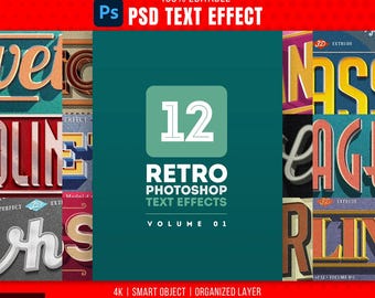 12 retro Photoshop-teksteffecten: bewerkbare PSD-stijlen (digitale download)