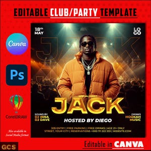 Può includere: Un volantino per un evento in un club con un set di DJ di DJ Inna e DJ Dave. Il volantino è rosso e nero con una grafica dorata e nera della parola "JACK" in grandi lettere. Il volantino include anche il testo "Hosted by Diego" e "Editable in Canva".