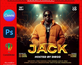 May include: A flyer for a club event featuring a DJ set by DJ Inna and DJ Dave. The flyer is red and black with a gold and black graphic of the word "JACK" in large letters. The flyer also includes the text "Hosted by Diego" and "Editable in Canva".