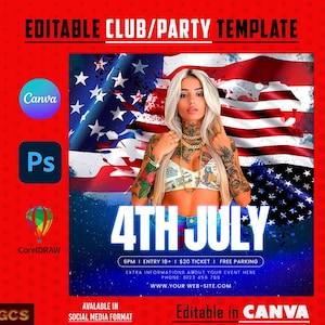 May include: A promotional graphic for a 4th of July event. The design features a woman in front of an American flag, with the text "4TH JULY" in large, bold letters. Additional text includes event details and website information.