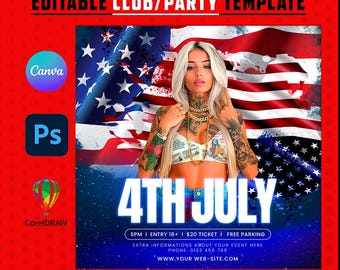 May include: A promotional graphic for a 4th of July event. The design features a woman in front of an American flag, with the text "4TH JULY" in large, bold letters. Additional text includes event details and website information.