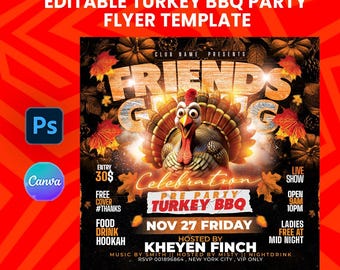 Friendsgiving BBQ Flyer Template | Thanksgiving Party Invite | Canva & PSD