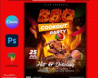 May include: A red and black poster with the text "BBQ Cookout Party" in a fiery font. The poster features a photo of grilled chicken wings and a grill with flames. The date of the event is July 25th, and the location is Kemang street, Jakarta City Indonesia.