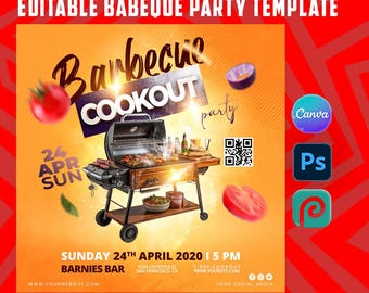 May include: An orange and yellow barbecue party template with a grill, food, and text. The text includes "Barbecue Cookout Party", date, time, and location details. Icons for Canva, Photoshop, and a design platform are also present.
