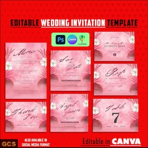 Invitaciones de boda con flores en rosa ruborizado: editables en Canva, PSD y CDR. Incluyen: reserva la fecha, confirmación de asistencia, menú, agradecimiento y número de mesa.