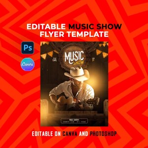Plantilla de folleto para espectáculo de música country / Cartel para evento de estilo rústico western (Canva, PSD)
