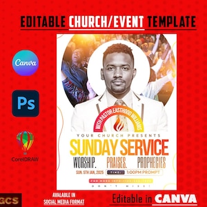 以下が含まれることがあります： 「EDITABLE CHURCH/EVENT TEMPLATE」のテキストが入った赤いテンプレート。男性の肖像画と「SUNDAY SERVICE WORSHIP PRAISES PROPHECIES」のテキストが特徴です。テンプレートはCanvaとソーシャルメディア形式で利用できます。