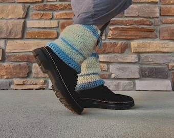 Handmade Crochet Leg Warmers: Coquette Blue & Cream Winter Style