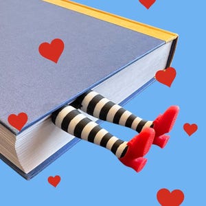 May include: A black and white striped bookmark with red shoes sticking out from a blue book. The book is surrounded by red hearts.