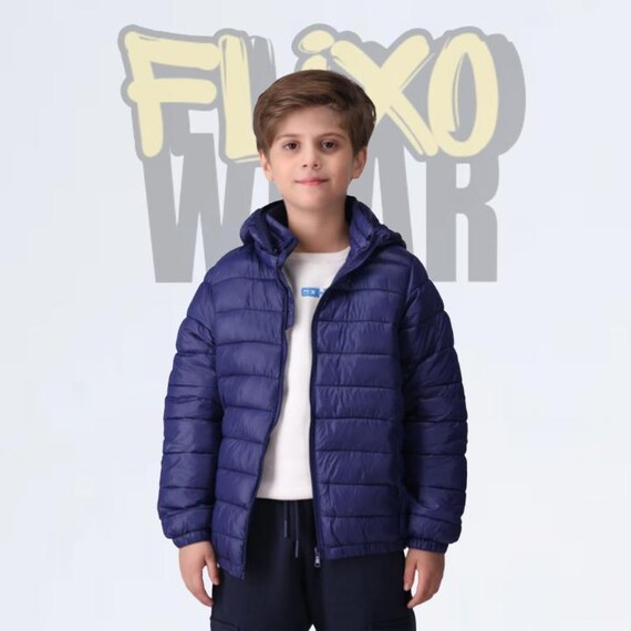 Boys Navy Puffer Jacket With Detachable Hood, Handmade Kids - Main Image