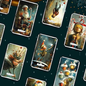 Peut inclure: Un ensemble de cartes de tarot avec des illustrations fantastiques. Les cartes présentent divers personnages et scènes, dont un chevalier à cheval, une figure du Père Noël et une personne les yeux bandés. Les cartes sont sur un fond vert foncé.