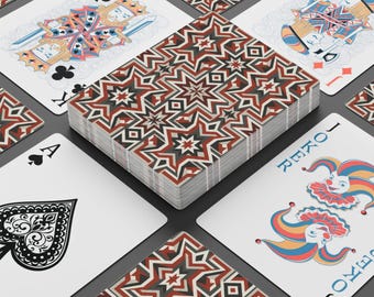 Geometric Star Pattern Playing Cards | Poker Deck, Retro Red Brown Design