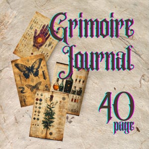 May include: A vintage-style journal with a brown cover and the text "Grimoire Journal 40 page" in a stylized font. The journal has a distressed look and features images of a butterfly, a hand with a celestial design, and a collection of bottles.