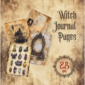 May include: A set of 25 digital printable witch journal pages. The pages feature illustrations of crystals, a spooky house, a mirror, and a hand reaching out from a book. The pages are designed to look like old, vintage paper.