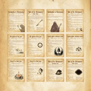 May include: A set of eight illustrated cards with instructions on how to perform necromancy. The cards are printed on a parchment-like background and feature various illustrations, including a hooded figure, a skull, a bell, and a blood moon.