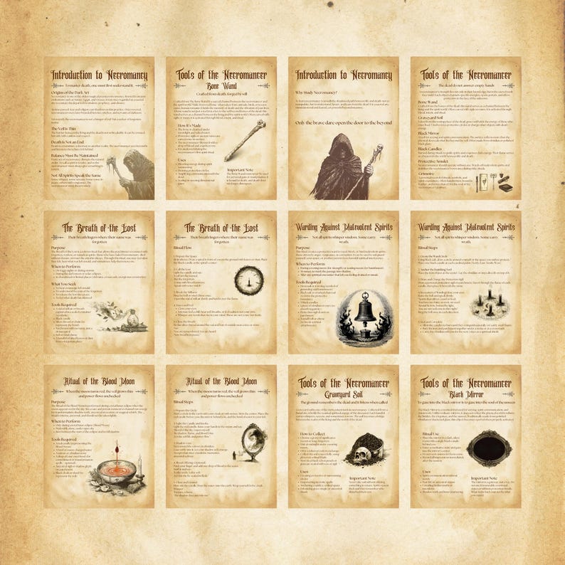 May include: A set of eight illustrated cards with instructions on how to perform necromancy. The cards are printed on a parchment-like background and feature various illustrations, including a hooded figure, a skull, a bell, and a blood moon.
