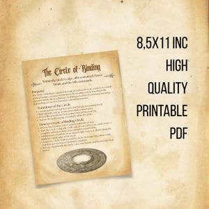 May include: A printable PDF document with a vintage aesthetic, featuring a diagram of a circle with text explaining the purpose and functions of a binding circle. The text includes instructions on how to create a binding circle. The document is titled "The Circle of Binding".