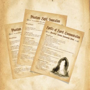 May include: Two printable pages with instructions for performing a phantom sight invocation and an ancestral wisdom summoning ritual. The pages are decorated with a vintage aesthetic and feature a black and white illustration of an arched doorway.