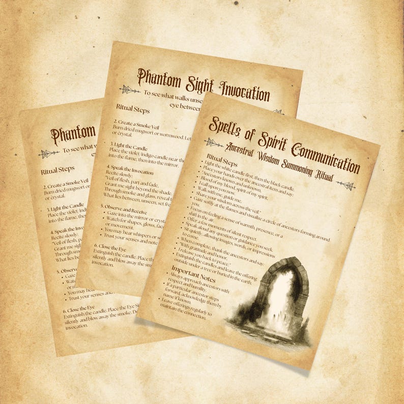May include: Two printable pages with instructions for performing a phantom sight invocation and an ancestral wisdom summoning ritual. The pages are decorated with a vintage aesthetic and feature a black and white illustration of an arched doorway.