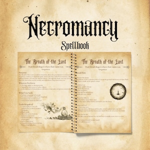 May include: An open book with a brown leather cover and gold-coloured spiral binding. The pages are filled with handwritten text and illustrations. The title of the book is "Necromancy Spellbook" and the text on the pages is about a spell called "The Breath of the Lost".