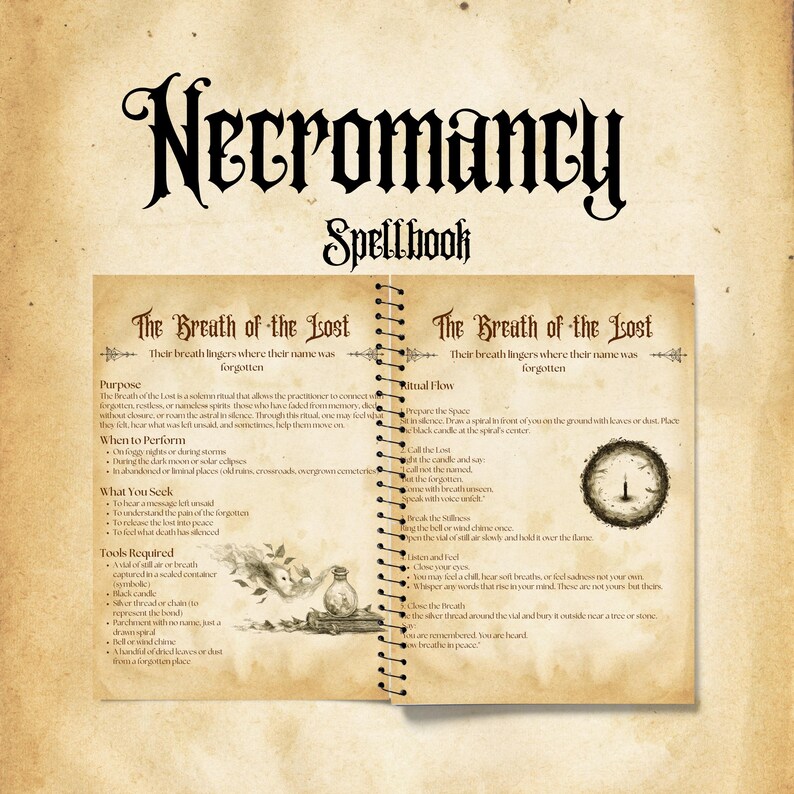 May include: An open book with a brown leather cover and gold-coloured spiral binding. The pages are filled with handwritten text and illustrations. The title of the book is "Necromancy Spellbook" and the text on the pages is about a spell called "The Breath of the Lost".