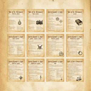 May include: A set of 10 printable pages with instructions and symbols for necromancy. The pages are in a vintage style with a parchment background and black text. The symbols include a skull, a pentagram, a compass, and a book.