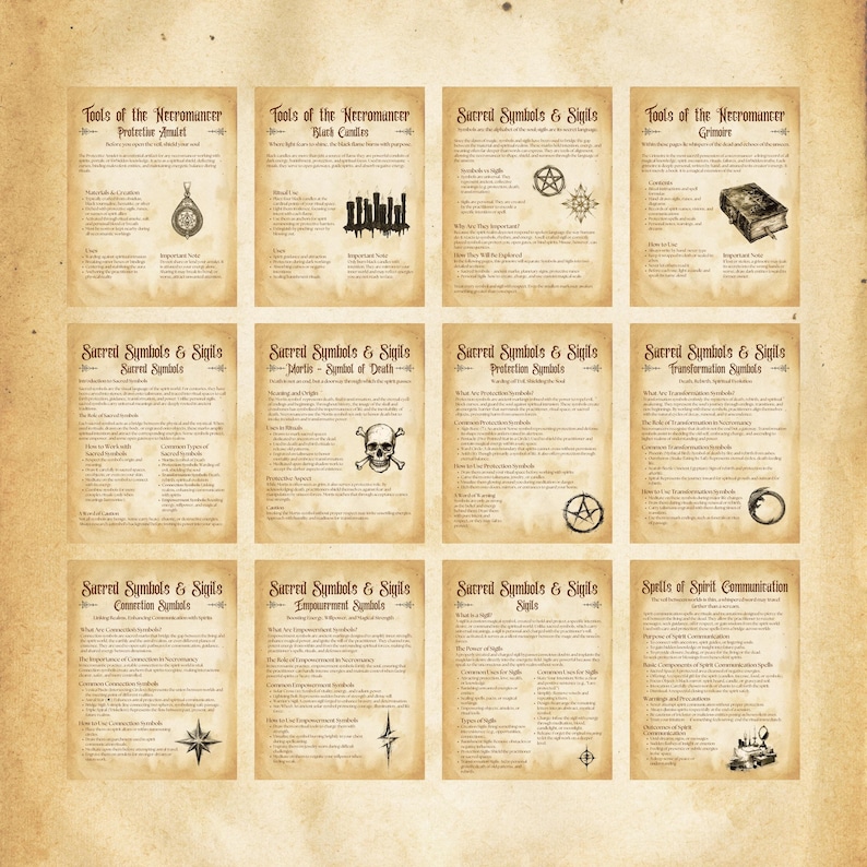 May include: A set of 10 printable pages with instructions and symbols for necromancy. The pages are in a vintage style with a parchment background and black text. The symbols include a skull, a pentagram, a compass, and a book.