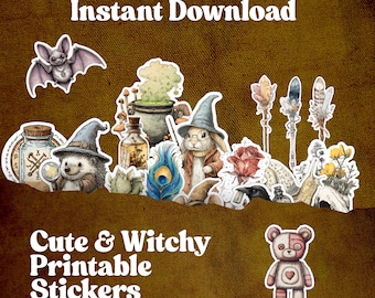 Printable Witchy Stickers: Vintage Hand-Drawn Magical Creatures (PDF Download