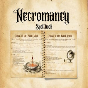 May include: A page from a Necromancy Spellbook with a ritual for the Blood Moon. The ritual includes instructions for preparing a circle, lighting a candle, and offering a drop of blood to water. The page is illustrated with a bowl of blood, a mirror, and a candle.