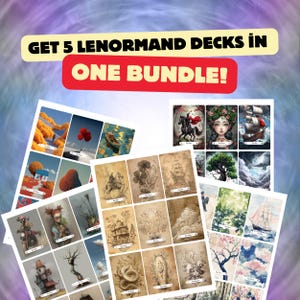 Lot de 5 jeux de cartes Lenormand – 5 jeux de cartes numériques imprimables avec autocollants Witchy en prime – Outils pour prédire la bonne aventure