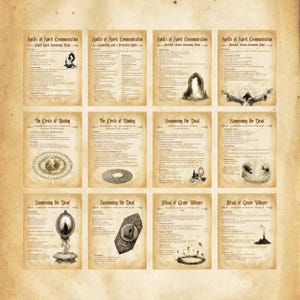 May include: A set of nine vintage-style cards with illustrations and text describing spells of spirit communication, including "The Circle of Binding" and "Summoning the Dead".