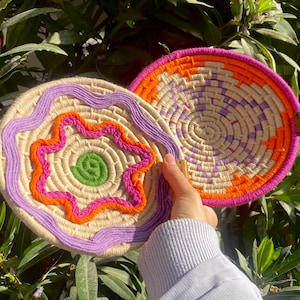 Boho Wall Basket Set of 2 - Pink and Purple Shades | Woven Wall Decor | Handmade Basket Wall Art | Colorful Embossed Bohemian Wall Hanging