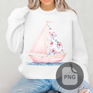 Blumen Segelboot PNG | Nautisches Aquarell Sublimationsdesign | Rosa Boot Sommer Clipart für Shirts, Tassen, Taschen | Küsten Digitaler Download