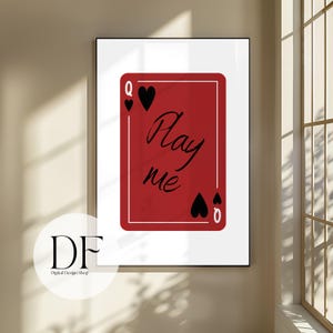 arte murale del casinò carta da gioco Play Me Queen of Spades Wall Art / Poker minimalista rosso intenso stampabile (5 dimensioni PNG)