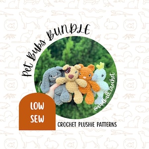 May include: A collection of four handmade crochet plushies including a grey rabbit, a tan dog with a brown eye patch, an orange cat, and a white bird. The text PET BUBS BUNDLE, LOW SEW, and CROCHET PLUSHIE PATTERNS is displayed on the graphic design.